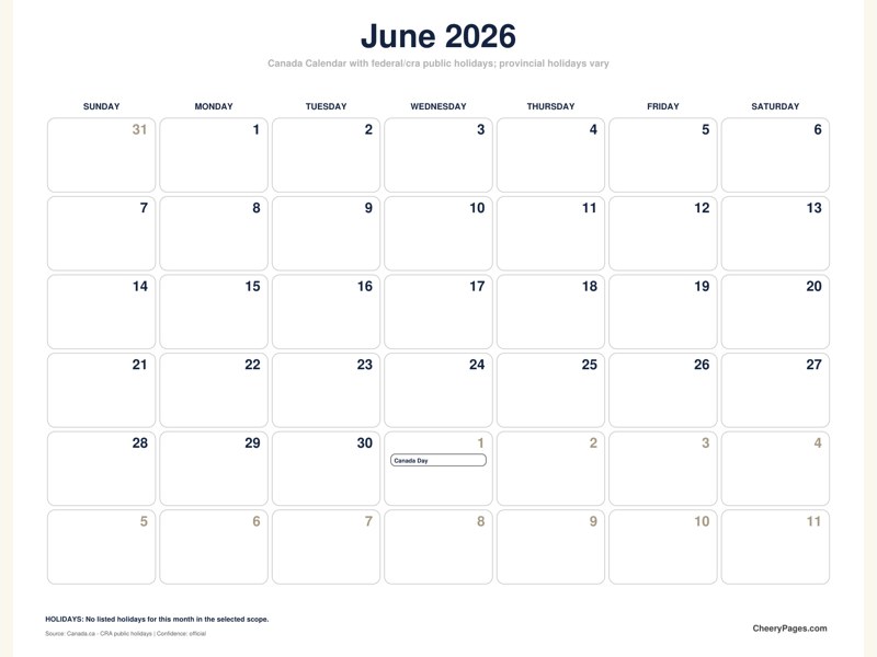 Canada June 2026 Calendar - Minimal Ink printable preview