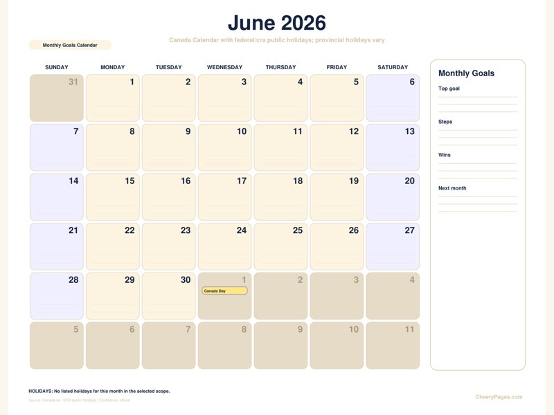 Canada June 2026 Calendar - Monthly Goals Calendar printable preview