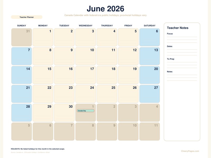 Canada June 2026 Calendar - Teacher Planner printable preview