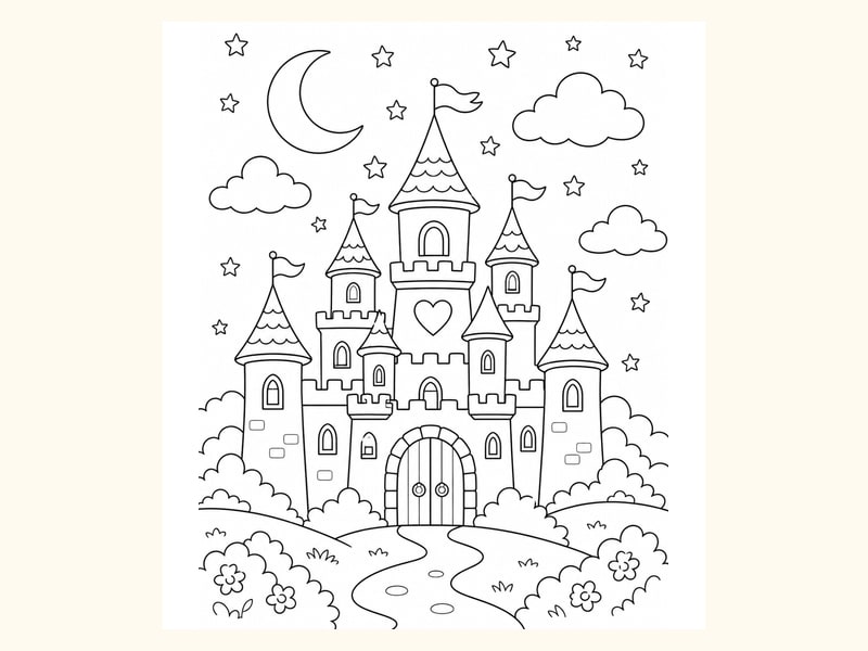 Castle at Night with Crescent Moon printable preview