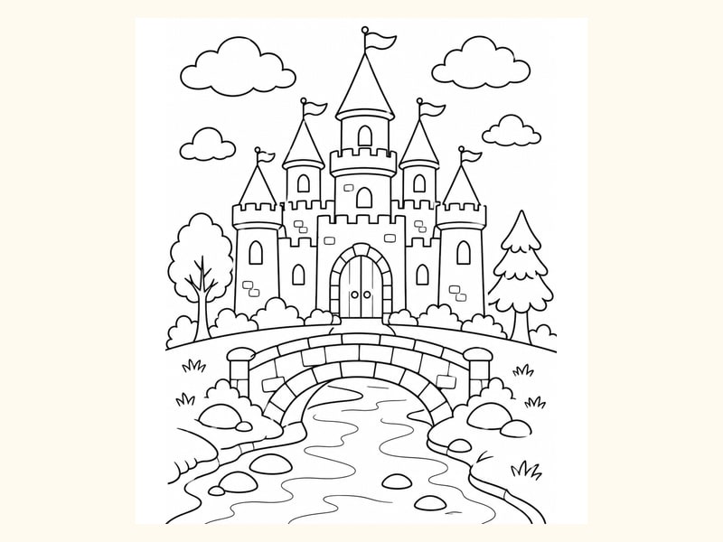Castle beside a River with Bridge printable preview