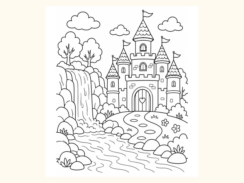 Castle beside a Waterfall with Trees printable preview