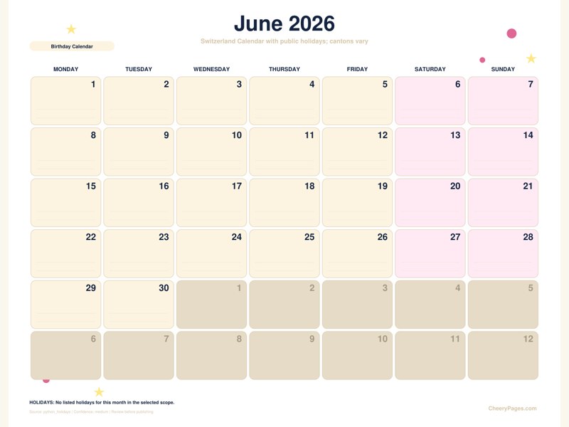 Switzerland June 2026 Calendar - Birthday Calendar printable preview