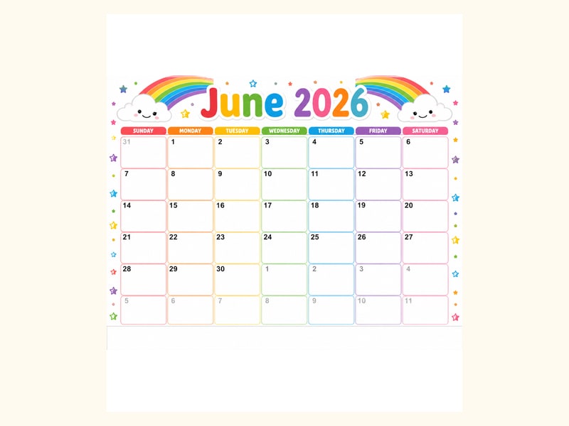 Rainbow June 2026 Calendar printable preview