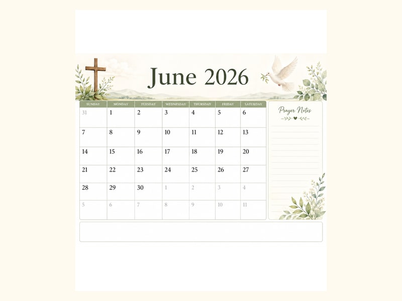 Christian June 2026 Calendar printable preview