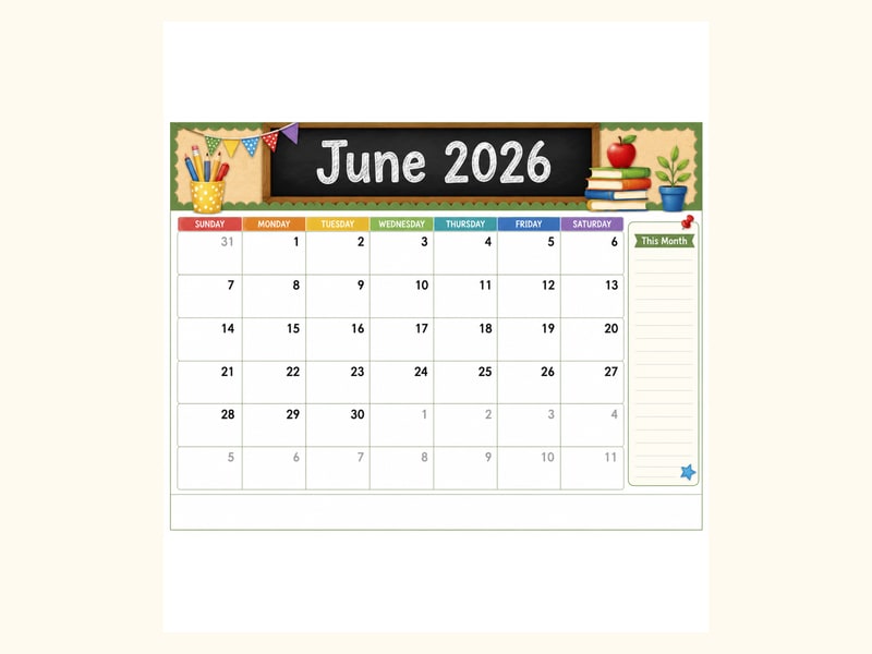 Classroom June 2026 Calendar printable preview