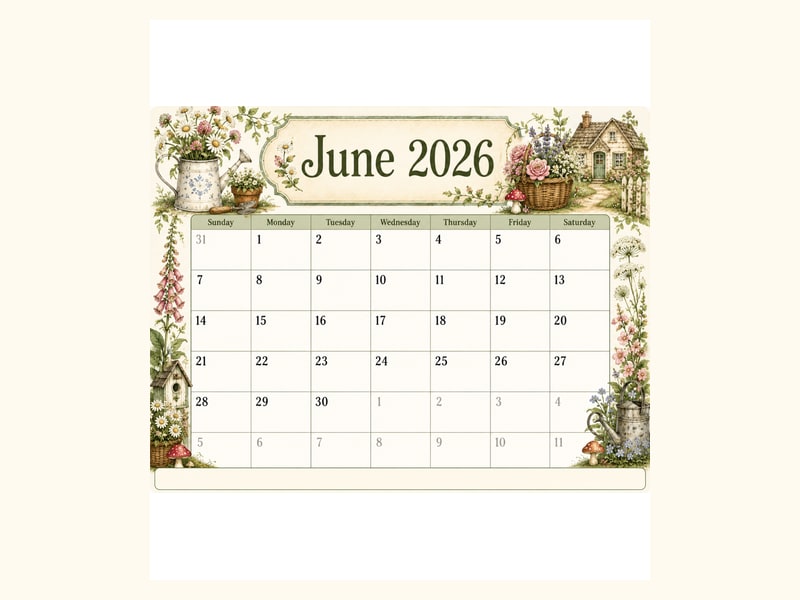 Cottagecore June 2026 Calendar printable preview