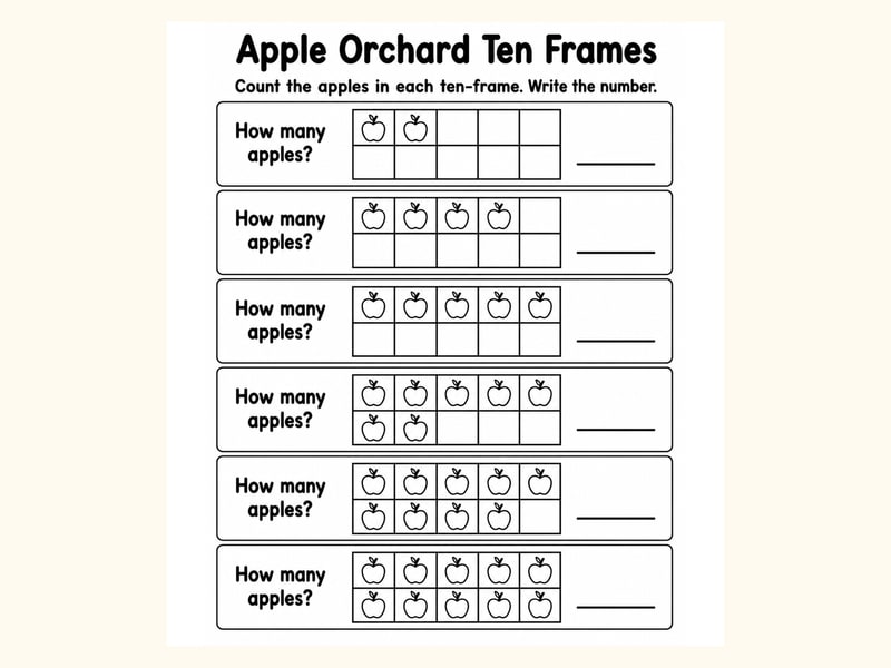 Apples Ten Frame Counting Worksheet printable preview