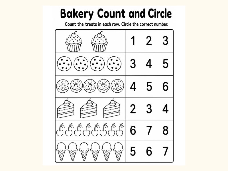 Bakery Count and Circle Worksheet printable preview