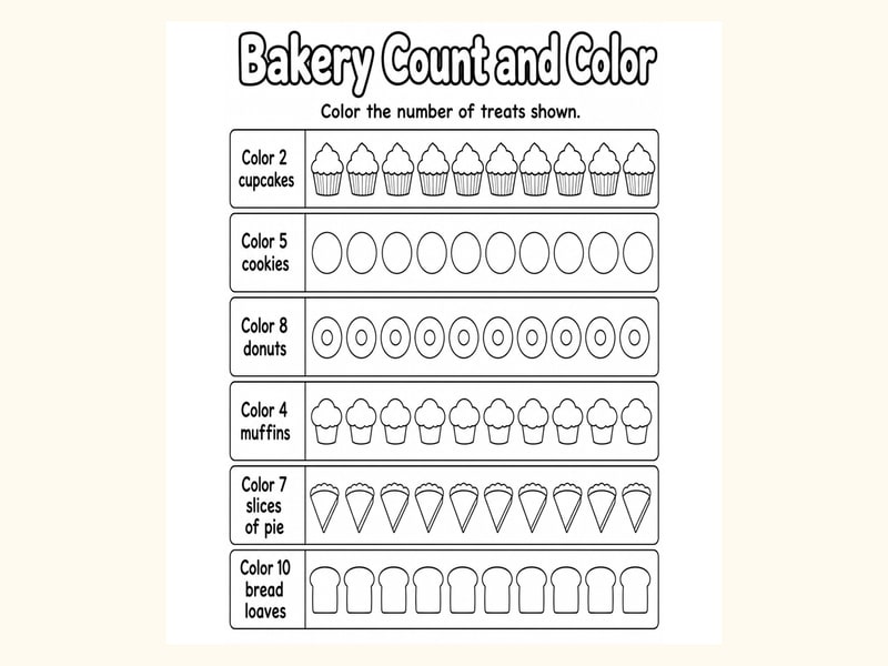 Bakery Count and Color Worksheet printable preview