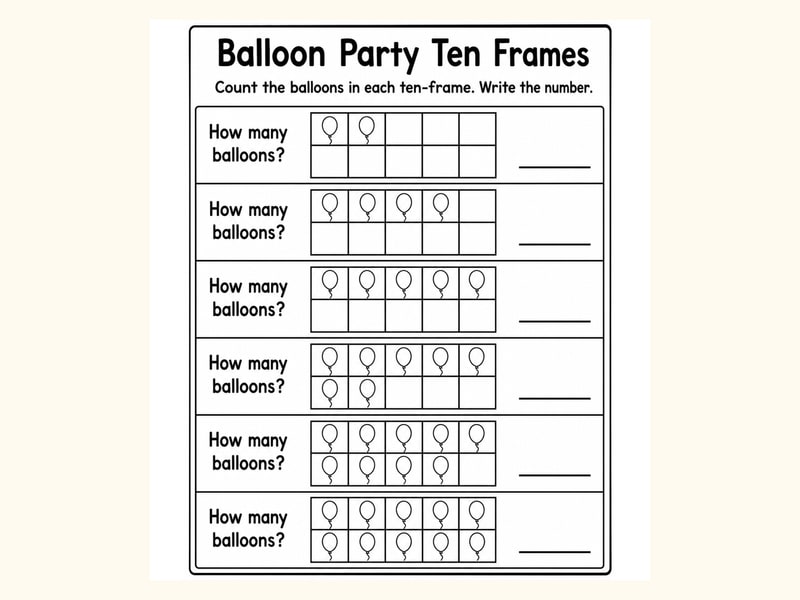 Balloons Ten Frame Counting Worksheet printable preview