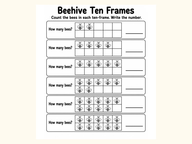Bees Ten Frame Counting Worksheet printable preview