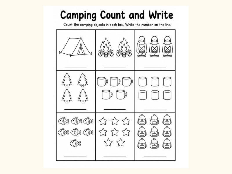 Camping Count and Write Worksheet printable preview