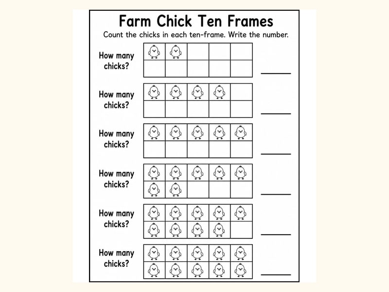 Chicks Ten Frame Counting Worksheet printable preview