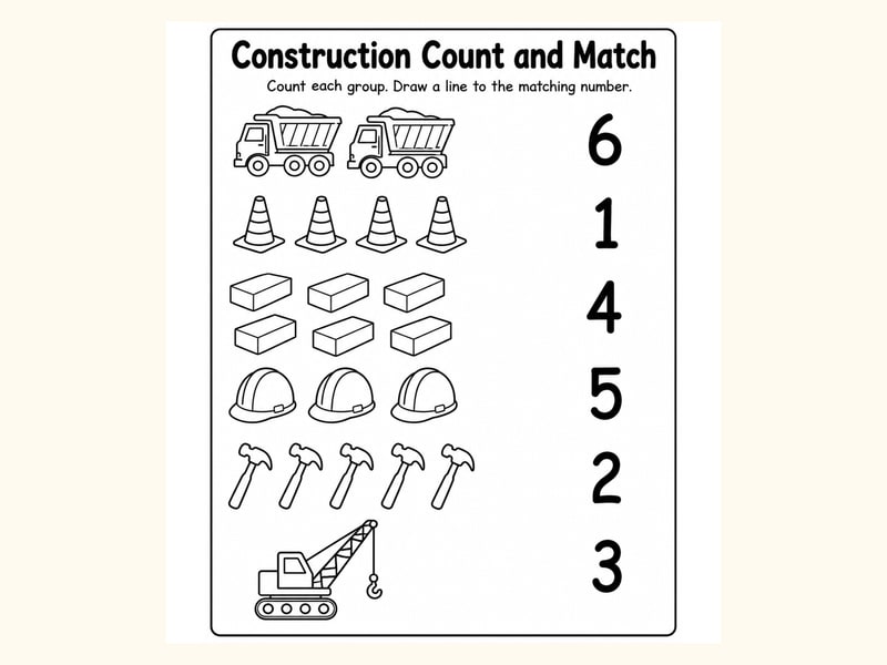 Construction 1 Match Objects to Numbers Worksheet printable preview