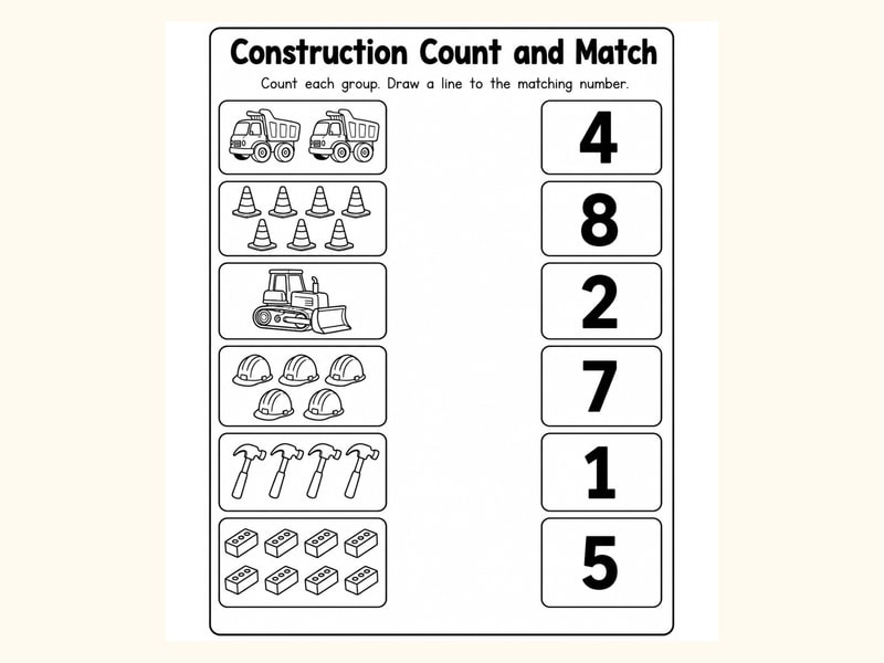 Construction Match Objects to Numbers Worksheet printable preview