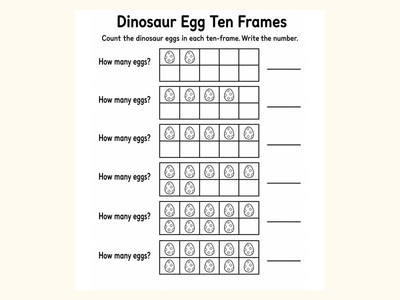 Dinosaur Eggs Ten Frame Counting Worksheet printable preview