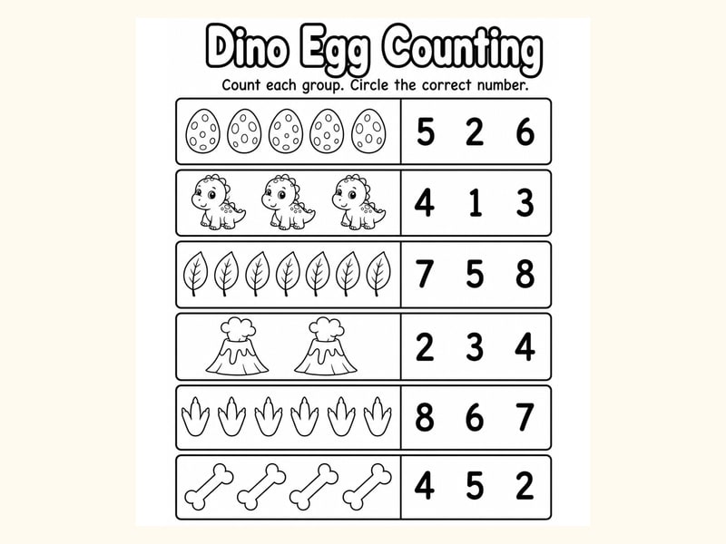 Dinosaurs 1 Count and Circle Worksheet printable preview