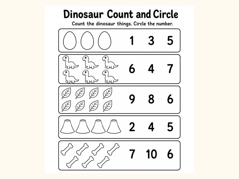 Dinosaurs Count and Circle Worksheet printable preview