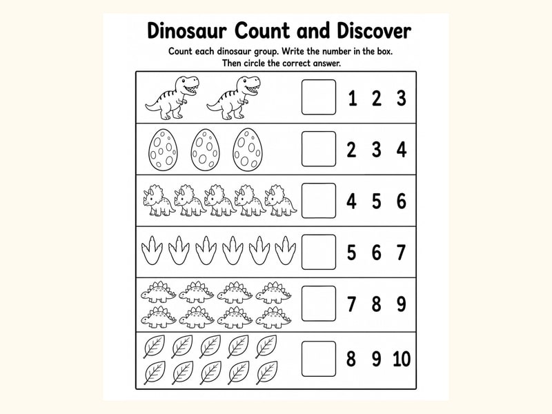 Dinosaurs Count and Circle Worksheet printable preview