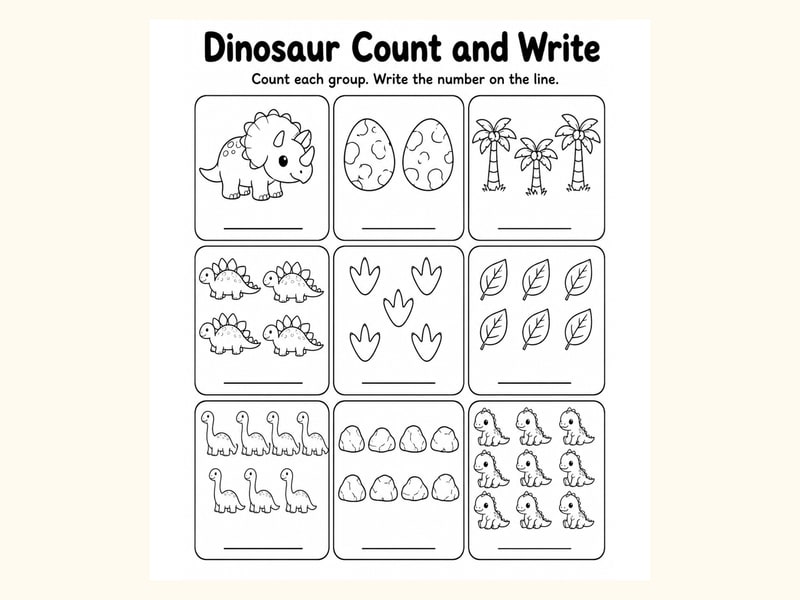 Dinosaurs 1 Count and Write Worksheet printable preview