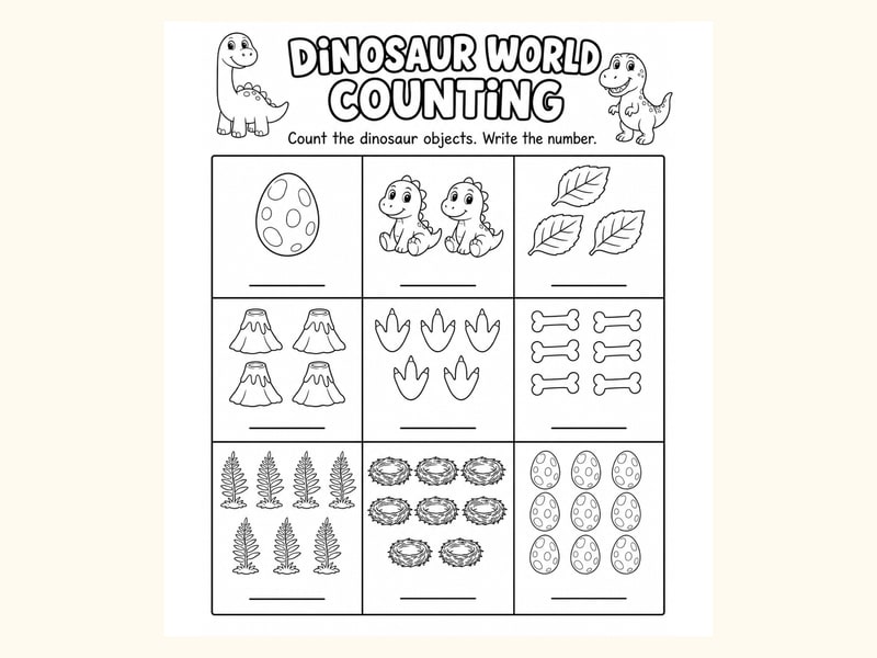 Dinosaurs Count and Write Worksheet printable preview