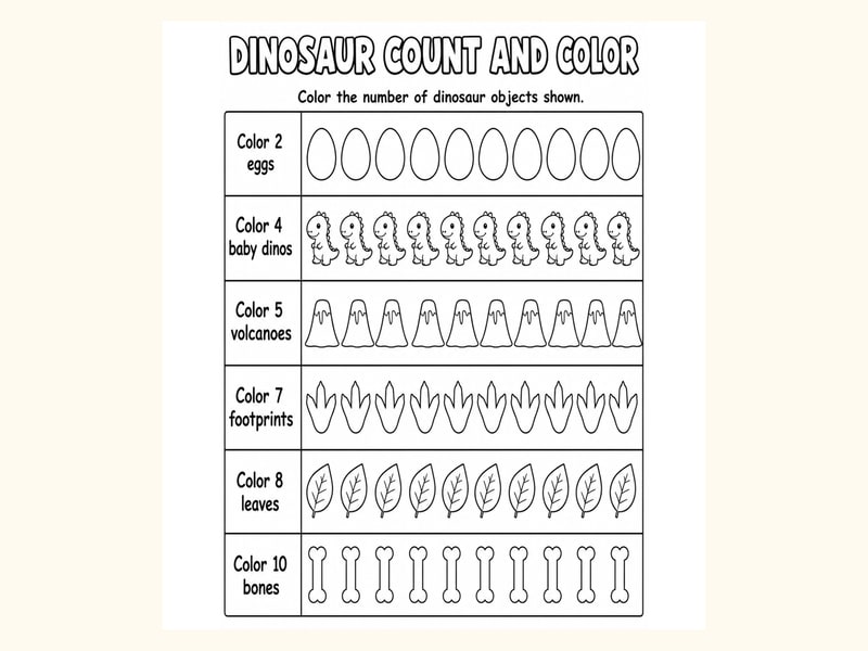 Dinosaurs Count and Color Worksheet printable preview