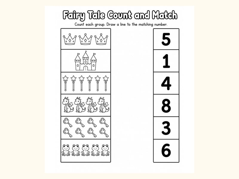 Fairy Tale Match Objects to Numbers Worksheet printable preview