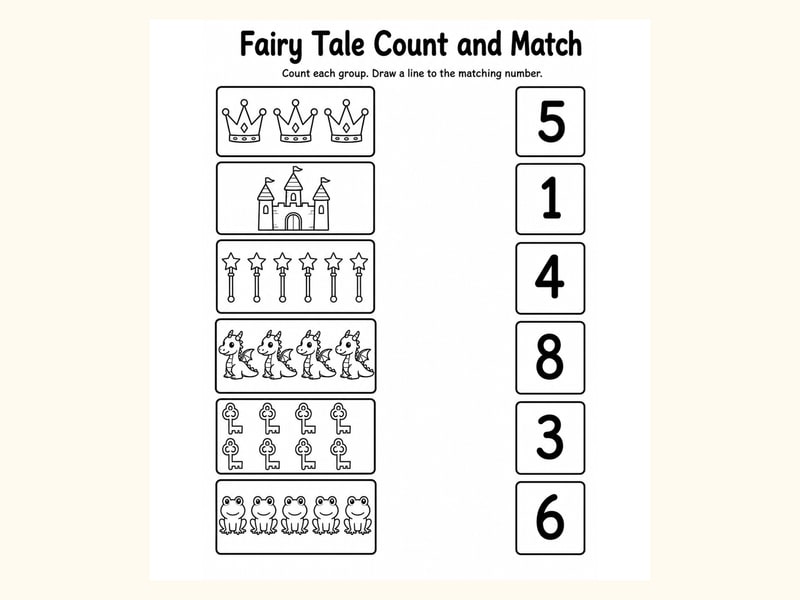 Fairy Tales Match Objects to Numbers Worksheet printable preview