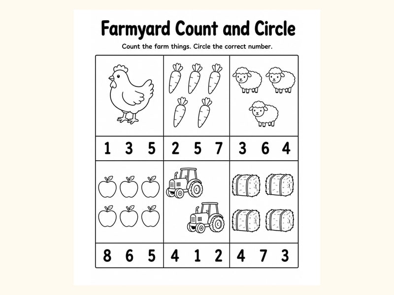 Farm Animals Count and Circle Worksheet printable preview