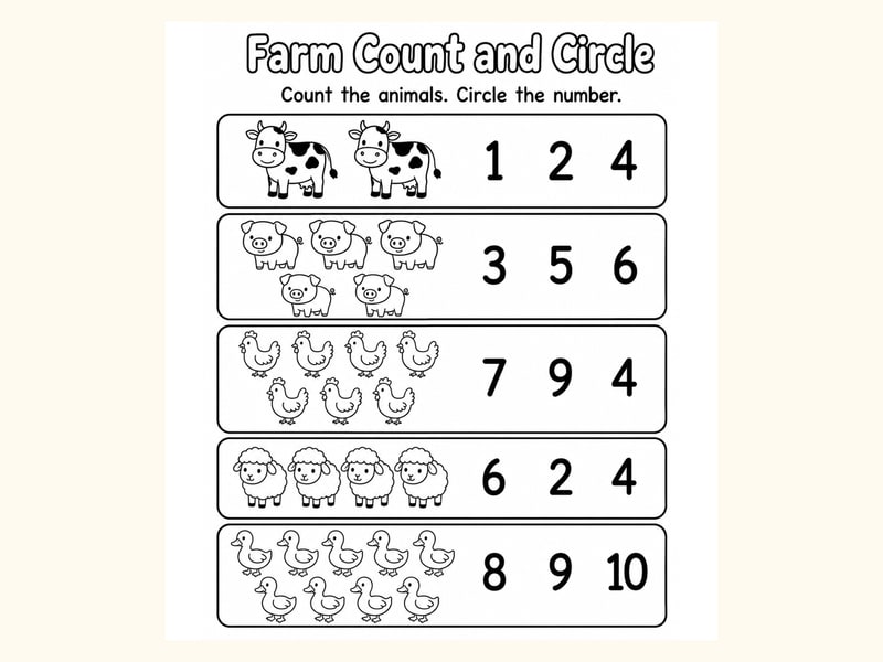 Farm Animals Count and Circle Worksheet printable preview