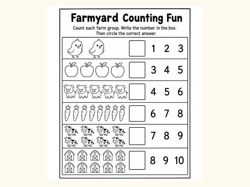 Farm Animals Count and Circle Worksheet printable preview