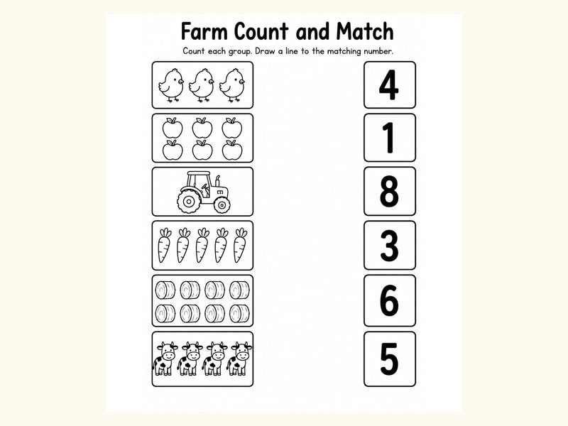 Farm Animals 1 Match Objects to Numbers Worksheet printable preview