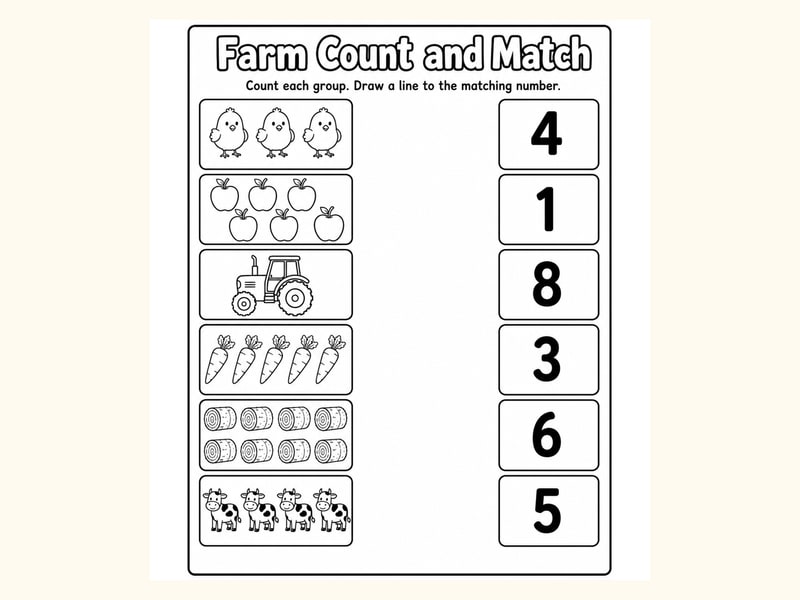 Farm Animals Match Objects to Numbers Worksheet printable preview