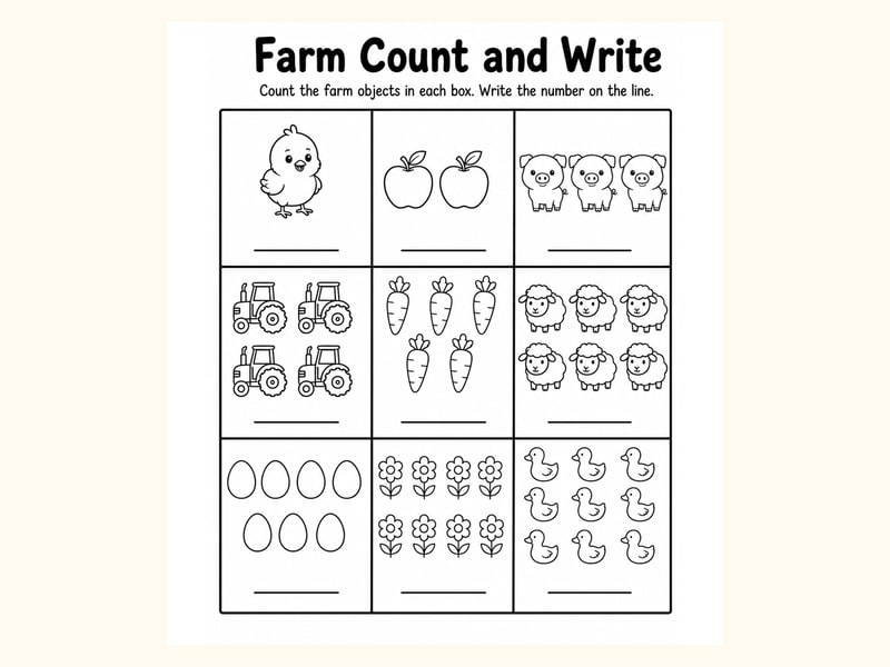 Farm 1 Count and Write Worksheet printable preview