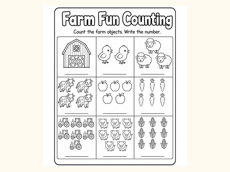 Farm Count and Write Worksheet printable preview