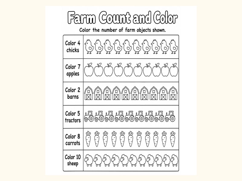 Farm Count and Color Worksheet printable preview