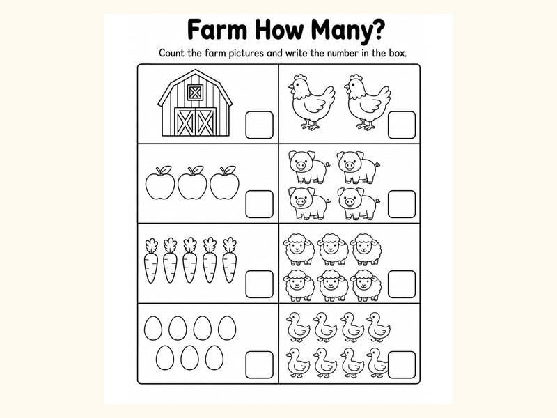 Farm How Many Counting Worksheet printable preview