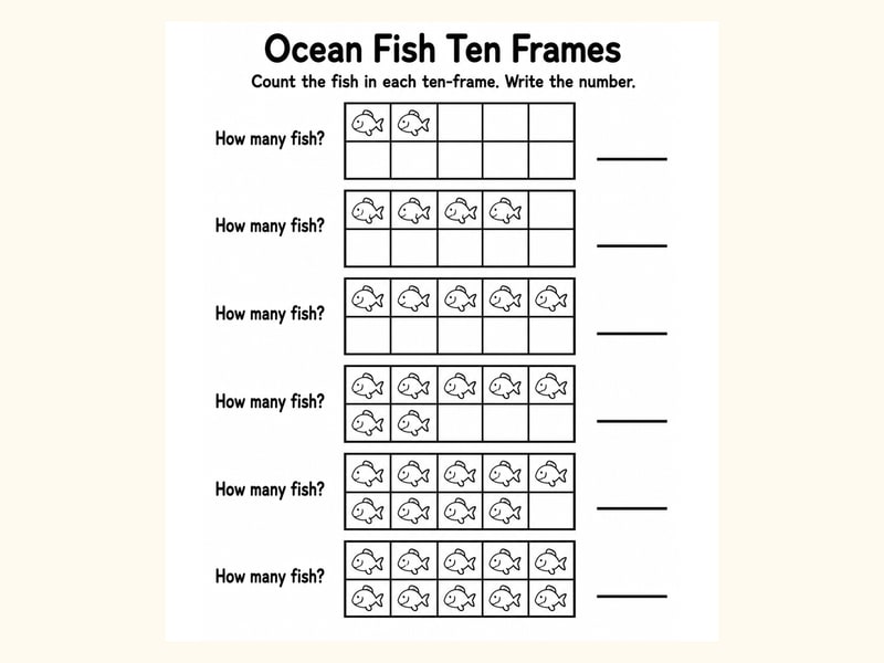 Fish Ten Frame Counting Worksheet printable preview