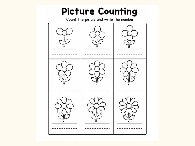 Flowers 1 Count and Write Worksheet printable preview