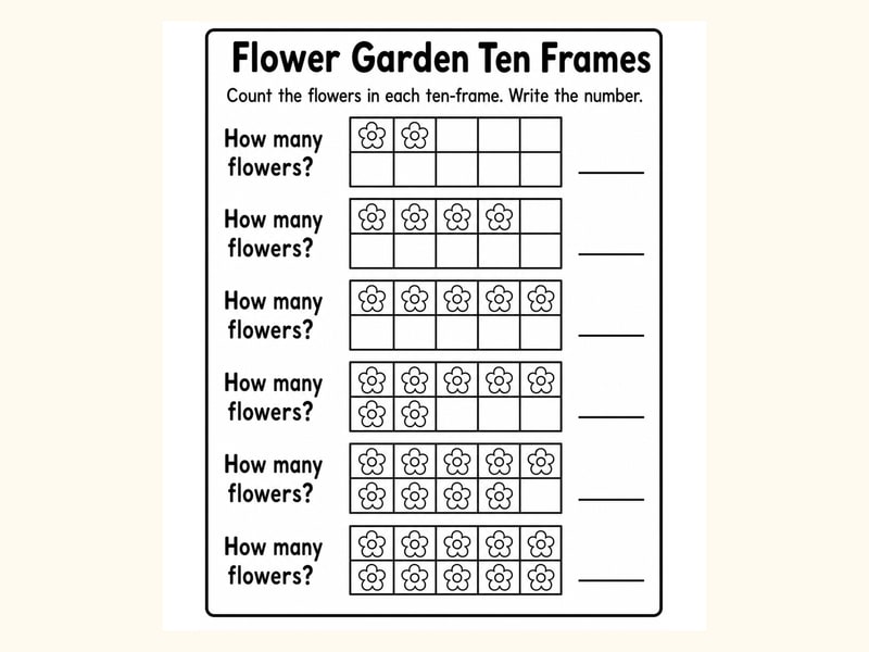 Flowers Ten Frame Counting Worksheet printable preview