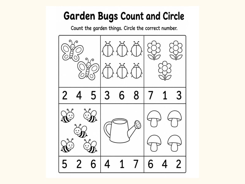 Garden Bugs Count and Circle Worksheet printable preview