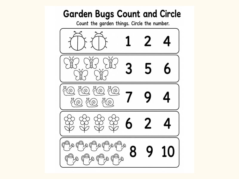 Garden Bugs Count and Circle Worksheet printable preview