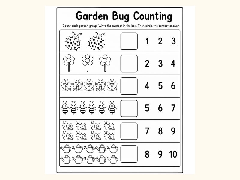 Garden Bugs Count and Circle Worksheet printable preview
