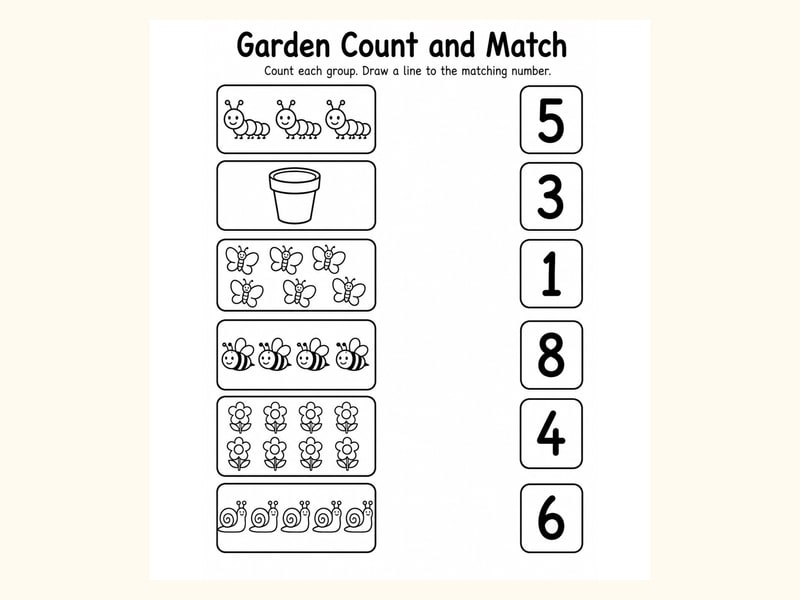 Garden 1 Match Objects to Numbers Worksheet printable preview