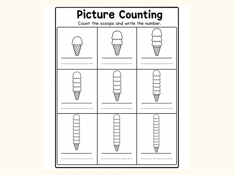 Ice Cream Count and Write Worksheet printable preview