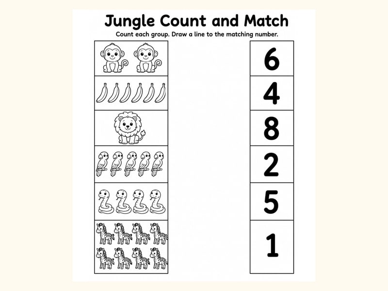 Jungle Animals Match Objects to Numbers Worksheet printable preview