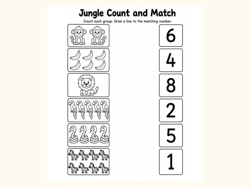 Jungle Match Objects to Numbers Worksheet printable preview