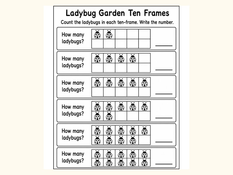 Ladybugs Ten Frame Counting Worksheet printable preview