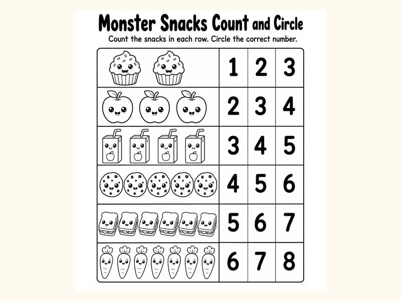 Monster Snacks Count and Circle Worksheet printable preview